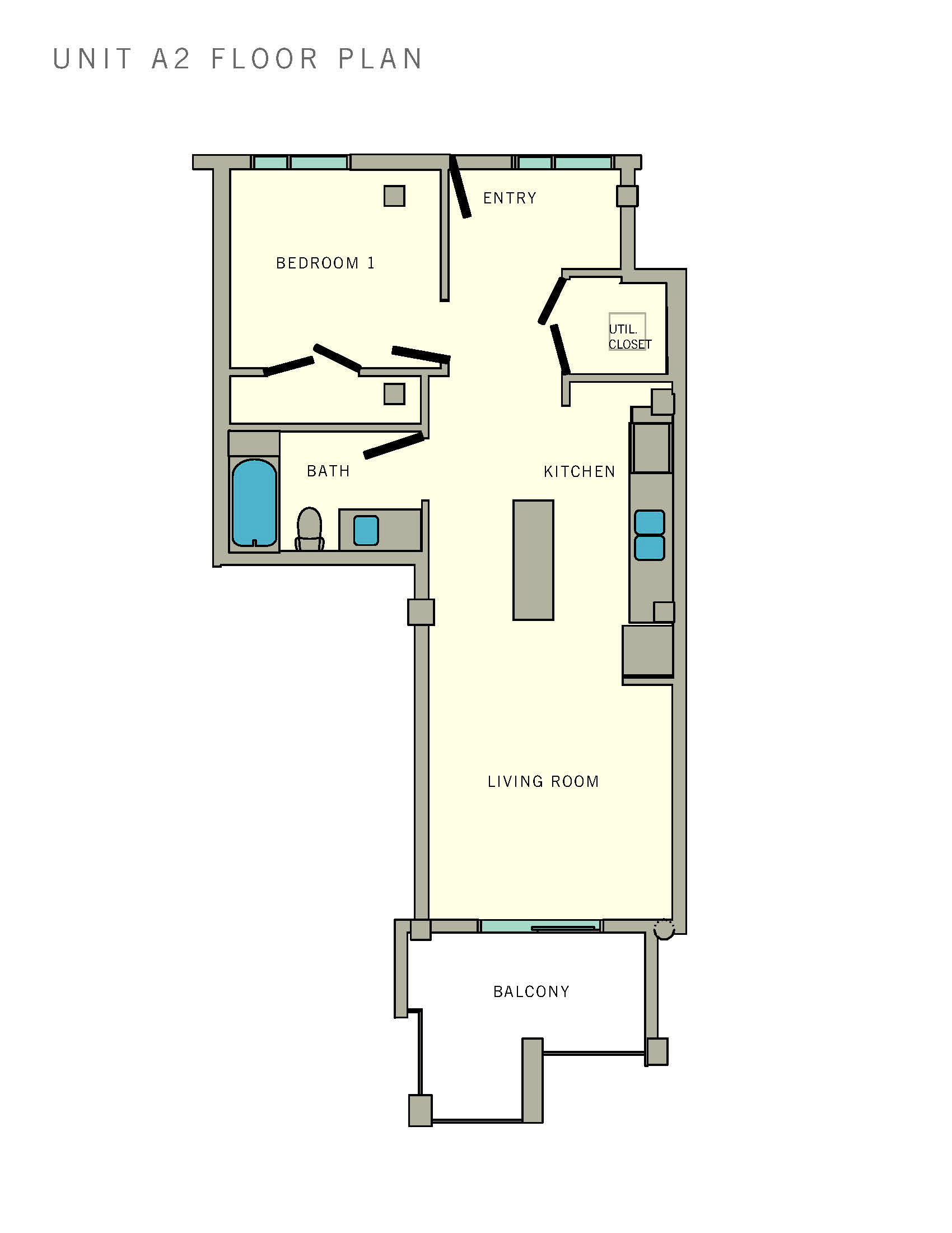 Floor plan for 1 bed, 1 bath, 683 sqft